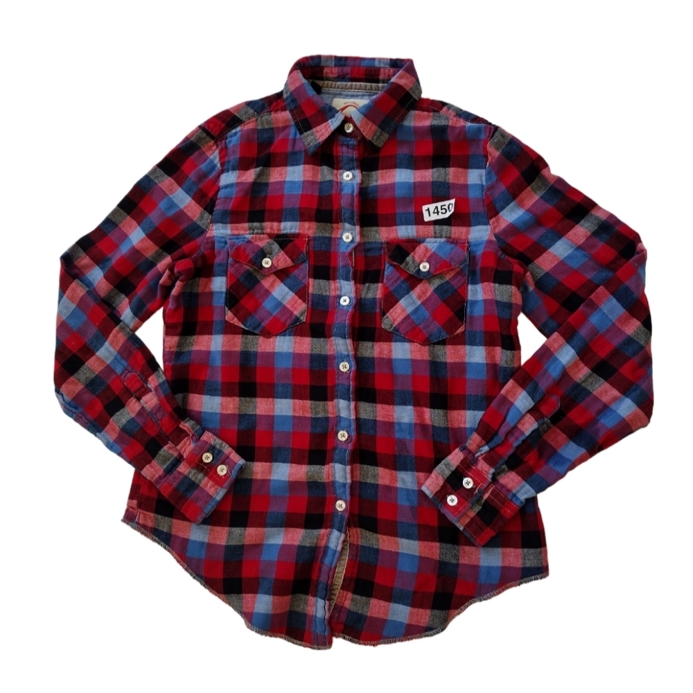 J Shirts Woman's Size L Long‎ Sleeve Blue Plaid Heavy Flannel Button Up Hemless